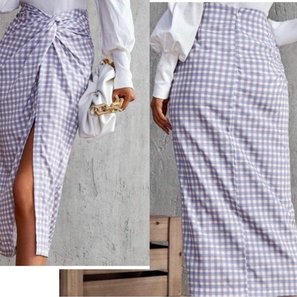 Zara purple blue plaid check front high slit twist knot midi pencil skirt S NWT